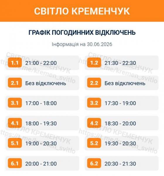 Графік погодинного відключення світла у Кременчуці: коли вимикатимуть