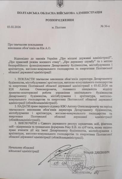 Кадрові зміни в Полтавській ОВА: призначено т.в.о. директора Департаменту будівництва містобудування та архітектури, ЖКГ та енергетики